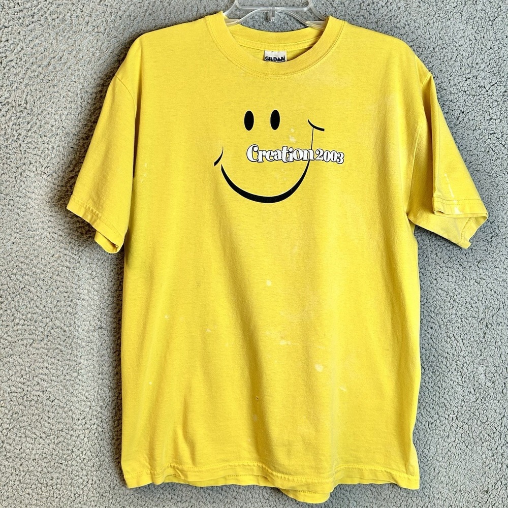 Vintage Yellow Celebration 2003 Smiley Face T Shirt Size Medium Y2K Baby Grunge